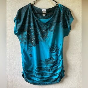 Charming Charlie Blue Flutter Sleeve Ruched Blouse. Size L.